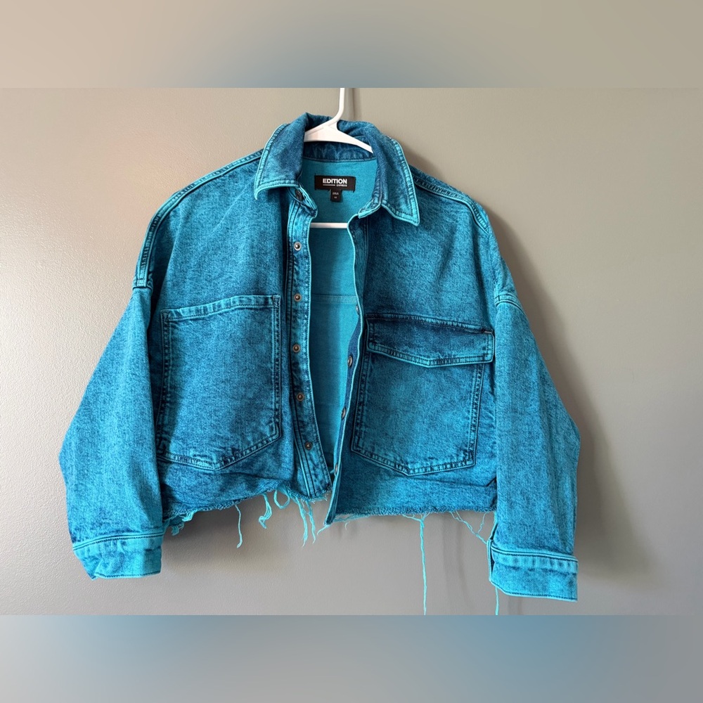 Express Edition Cropped Jean Denim Jacket Women’s XS Bright Teal Blue